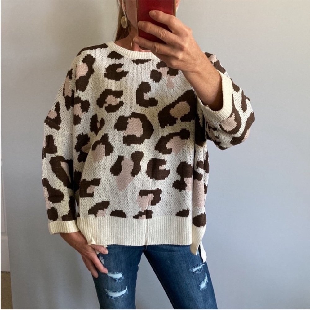 Animal Print Dolman Sleeve Oversized Fit Sweater - Picture 3 of 13